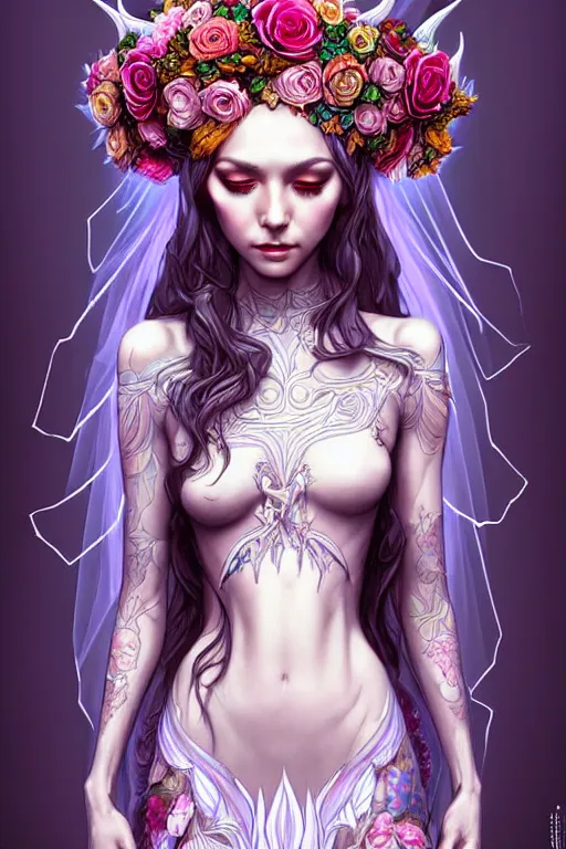 Image similar to digital art, centered full body elven bride, vivid flower crown ,intricate, veins, by James Jean and by artgerm, by ross tran , ultradetailed, charachter design, concept art, trending on artstation,