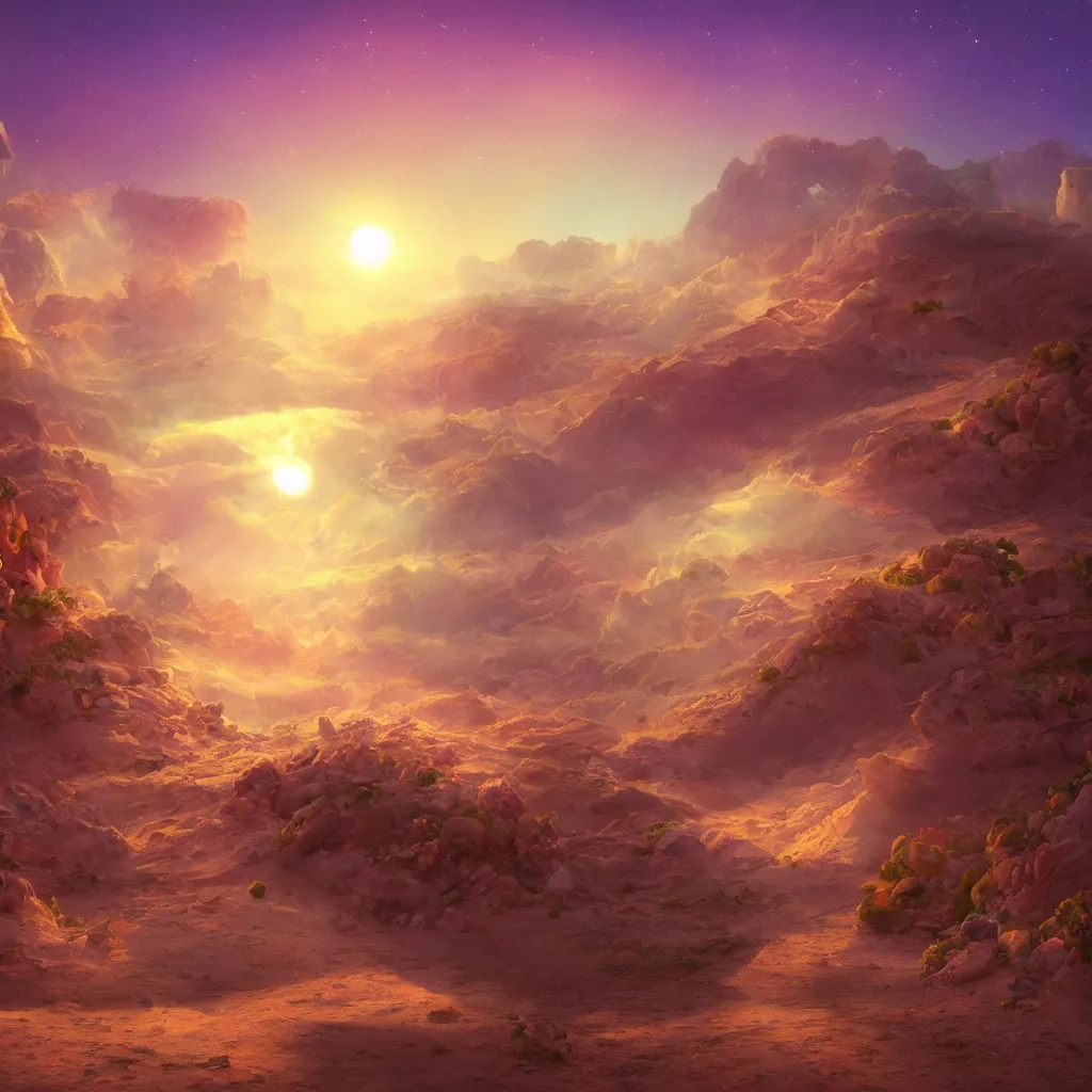 Image similar to desert made from icecream and candies, caramel colorful sun, luminescent sky, handsome, intricate, detailed, volumetric lighting, scenery, digital painting, highly detailed, artstation, sharp focus, illustration, 8 k, hyper realistic, magic world