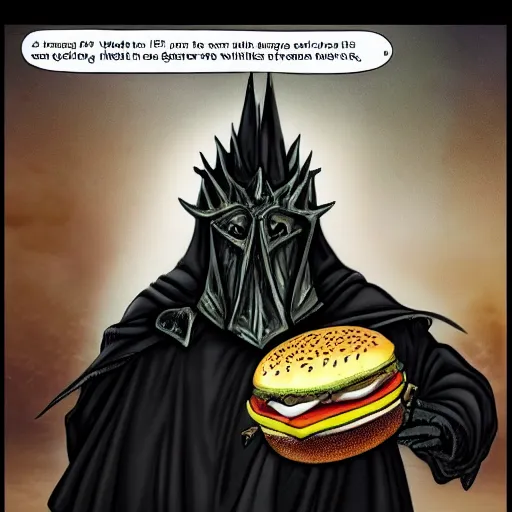 Prompt: the witch king of angmar eats a macdonalds burger