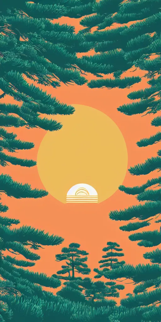 Prompt: a lake next to a forest of japanese pines, a big red sun in the background, logo design, fresh modern style, thick vector line art, made with photoshop, stunning