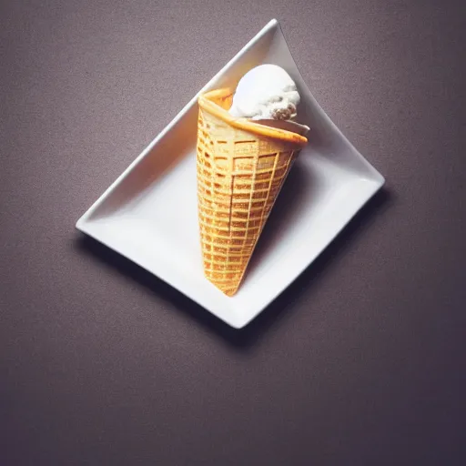 Image similar to photograph of a formal presentation of an ice cream cone on a plate at a fancy avant-garde restaurant