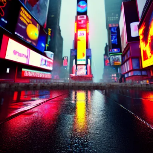 Image similar to a fried egg hovers over an open sewer, times square, night time, raining, neon light, romantic, ultra realistic, unreal engine, 4k, artstation