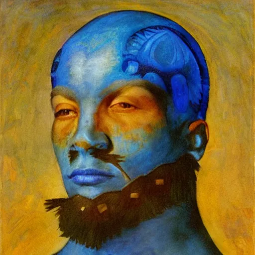 Prompt: the corvid crown, by Annie Swynnerton and Nicholas Roerich and Diego Rivera, blue skin, elaborate costume, geometric ornament, rich color, dramatic cinematic lighting, smooth, sharp focus, extremely detailed