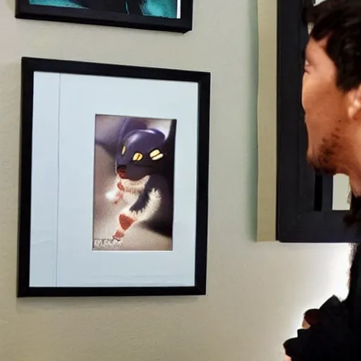 Prompt: a hamster admiring a photo of Batman that hangs on a wall