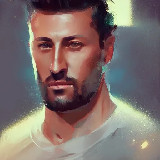 Image similar to portrait of maksim chmerkovskiy by greg rutkowski, young, attractive, highly detailed portrait, scifi, digital painting, artstation, concept art, smooth, sharp foccus ilustration, artstation hq