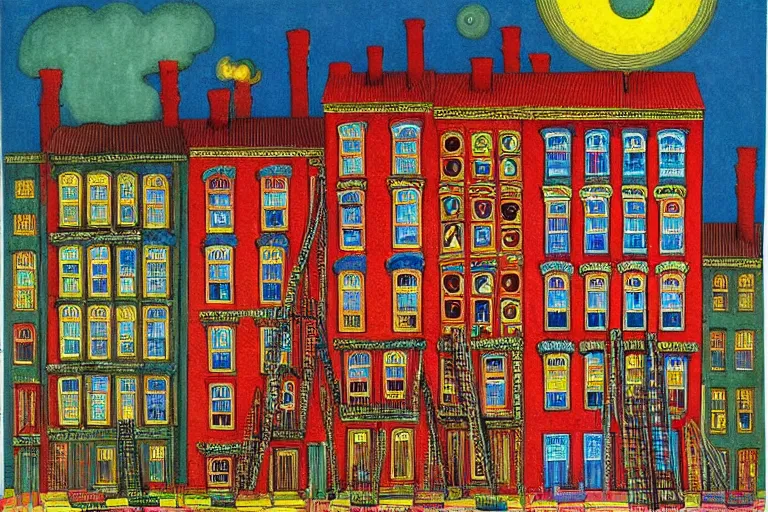 Prompt: Colorful haunted tenements of the industrial revolution by Louis Wain (1920)