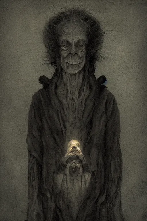 Prompt: ... the artist is... a seeker of truth... he is a priest, a magician.... an artist by virtue of the power within him by anton semenov and zdzisław beksinski and francisco de goya, macabre art, trending on deviantart