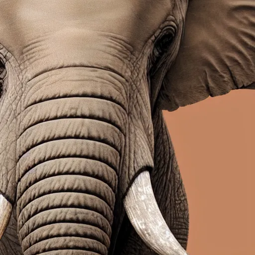 Image similar to elephant with horn in its head, ultra - realistic, elephant wrinkles, face close - up, 8 k.