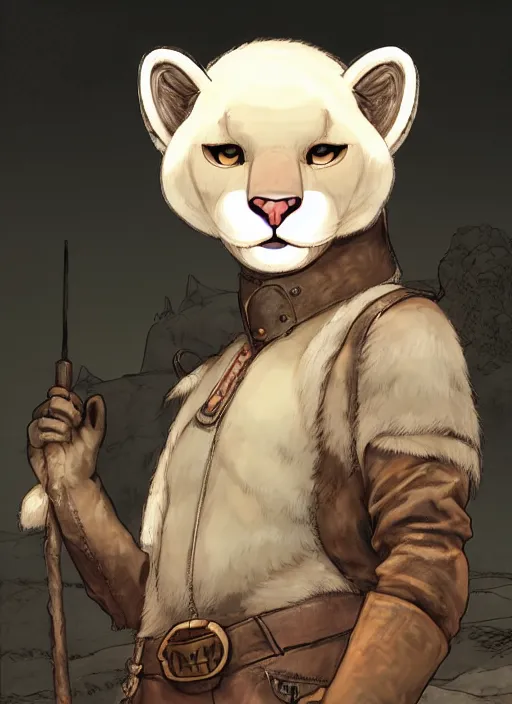 Prompt: character portrait of a anthro!! albino mountain lion wearing miner's clothes at the mines. hidari, color page, tankoban, 4K, tone mapping, Akihiko Yoshida.