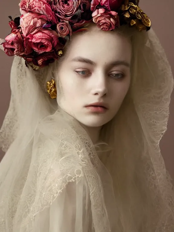 Image similar to a catholic veiled Princess who has rococo dramatic headdress with roses,by Annie Stegg and Jovana Rikalo and VICTOR NIZOVTSEV and Nekro and Billelis,avian-inspired,beaded embroidery,trending on pinterest,hyperreal,Kintsukuroi,gold,maximalist