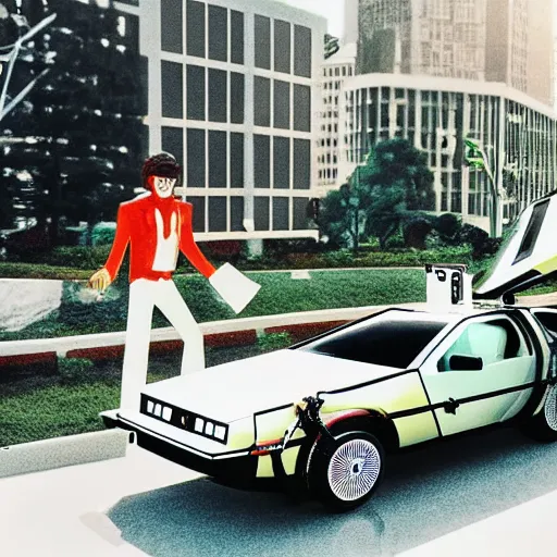 Image similar to michael jackson driving a delorean in a mid century modern style city during a green sunset
