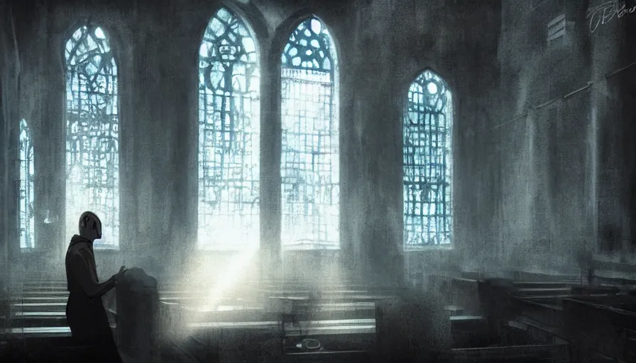 Image similar to portrait of broken humanoid metal robot praying in empty church, sunshine through window, bladerunner, digital illustration, artstation, cinematic composition