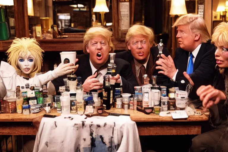 Prompt: Angelina Jolie, boris johnson, The Alien from the movie 'Alien', dolly parton, donald trump are best friends, drinking shots of tequila and snorting cocaine, central perk coffee shop, still photo, hyperrealistic, 35mm, 8k, by weta digital