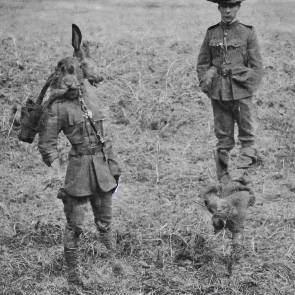 Prompt: a rabbit wearing a ww1 uniform posing in no man's land, black and white grainy photograph