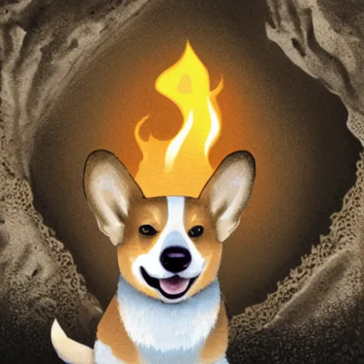 Prompt: a corgi as an eldtrich horror deep in a cave only the face of the corgi illuminated by a torch, realistic, creepy