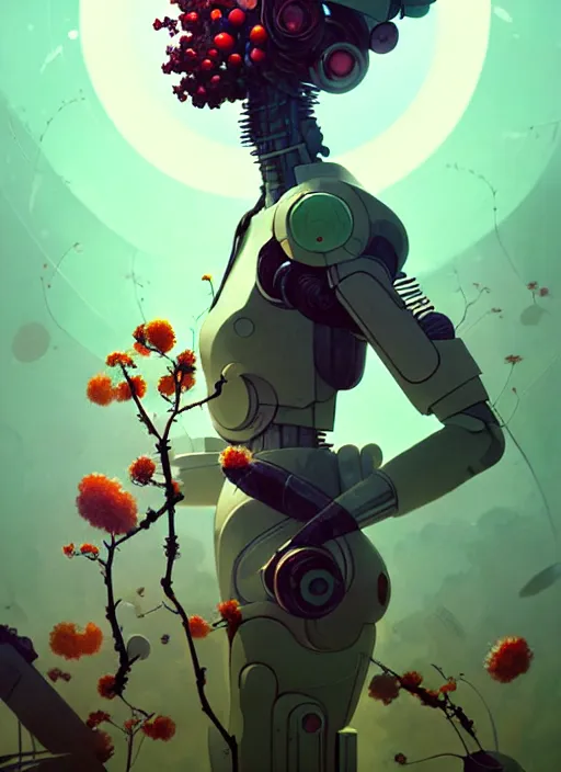 Prompt: illustrated by satoshi kon and greg rutkowski, a cyborg in some plants with flowers and berries for a face, 6 0's retro sci - fi flat surreal design