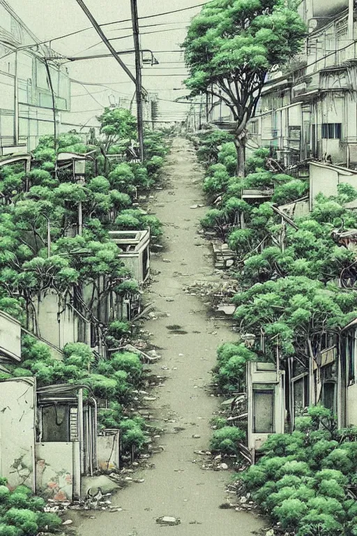 Image similar to (((((an abandoned city street, overgrown with plants and trees))))) by Tokyo Genso!!!!!!!!!!!!!!!!!!!!!!!!!!!