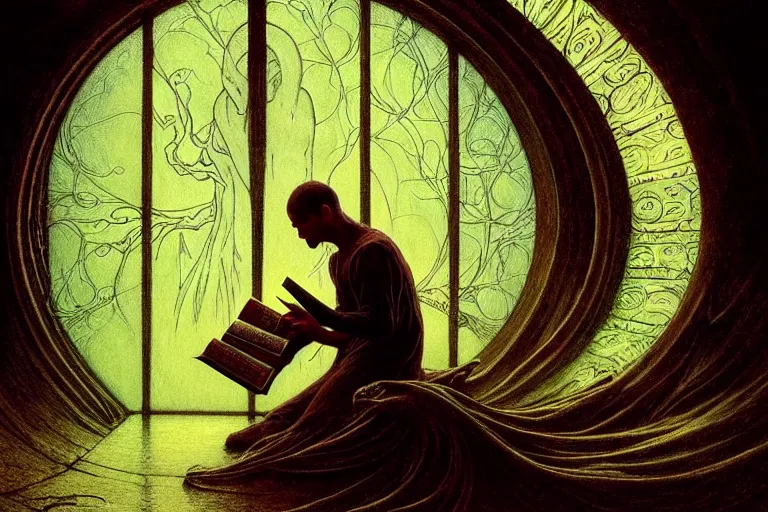 Prompt: a person reading an old book, fantasy, expressionist, intricate, elegant, dramatic lighting, highly detailed, lifelike, photorealistic, digital painting, artstation, concept art, smooth, sharp focus, illustration, art by beksinski and john blanche and paul dainton and albert aublet and artem demura and alphonse mucha