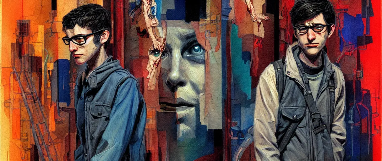 Image similar to colored oil painting character study of outsider introvert jewish geek | vivid colors : storyboard, dramatic and emotional, concept design, realistic. by gabriel hardman, joe alves, j. todd anderson, chris bonura. cinematic atmosphere, detailed and intricate, perfect anatomy