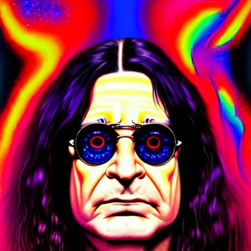 Image similar to An extremely psychedelic portrait of Ozzy Osbourne, surreal, LSD, face, detailed, intricate, elegant, lithe, highly detailed, digital painting, artstation, concept art, smooth, sharp focus, illustration