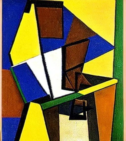 Prompt: cubism cat on chair, in the style of georges braque, muted browns, yellows and blacks