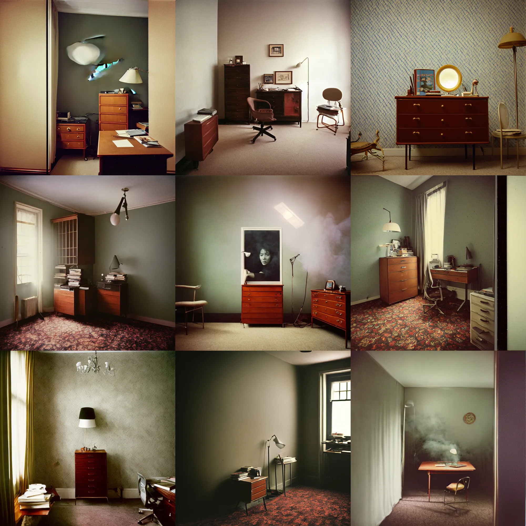 Image similar to kodak portra 4 0 0, wetplate, 8 mm extreme fisheye, award - winning portrait by britt marling of a 1 9 6 0 s private office room, picture frames, shining lamps, dust, smoke 1 9 6 0 s elegant metal furniture, wallpaper, carpet, books, muted colours, fog