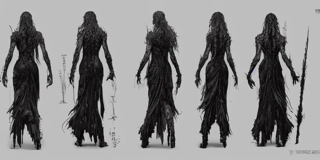 Image similar to gothic character back view and side view detail designs, Milo Manara, Greg Rutkowski, character sheet, Darek Zabrocki, Karlkka, Jayison Devadas, Phuoc Quan, trending on Artstation, 8K, ultra wide angle, pincushion lens effect