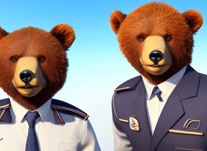 Image similar to character portrait feature of the anthro male anthropomorphic kamchatka brown bear fursona wearing white airline pilot outfit uniform professional pilot for delta airlines character design stylized by charlie bowater, ross tran, artgerm, and makoto shinkai, detailed, soft lighting, rendered in octane