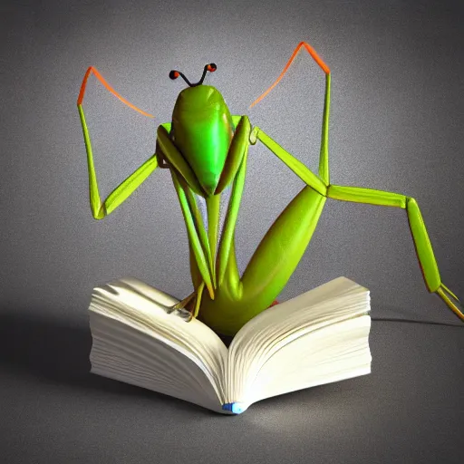 Prompt: 3 d render of praying mantis reading a book, octane render, pixar style