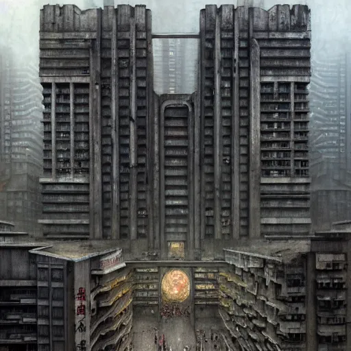 Prompt: brutalist, soviet architecture, kowloon city, hong kong, grey, intricate, ugly highly detailed, centered, digital painting, artstation, concept art, smooth, sharp focus, illustration, artgerm, tomasz alen kopera, peter mohrbacher, donato giancola, joseph christian leyendecker, wlop, boris vallejo