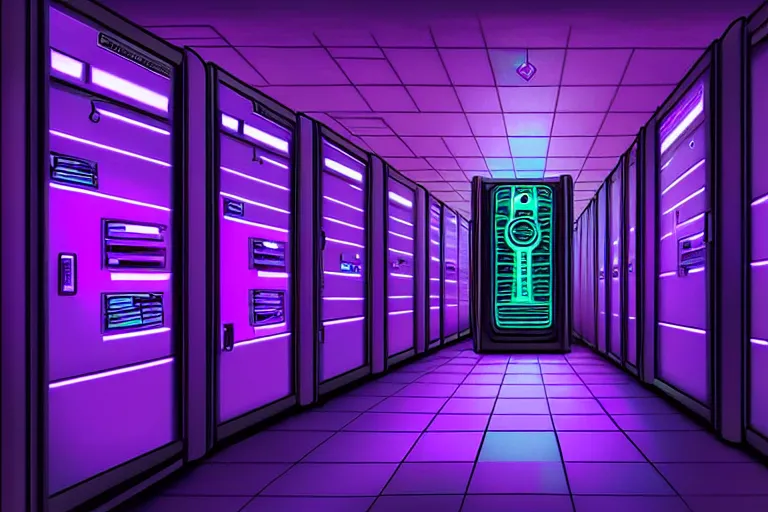 Image similar to realistic robot in a data server room, neon and dark, purple and blue color scheme, by dan mumford and malevich