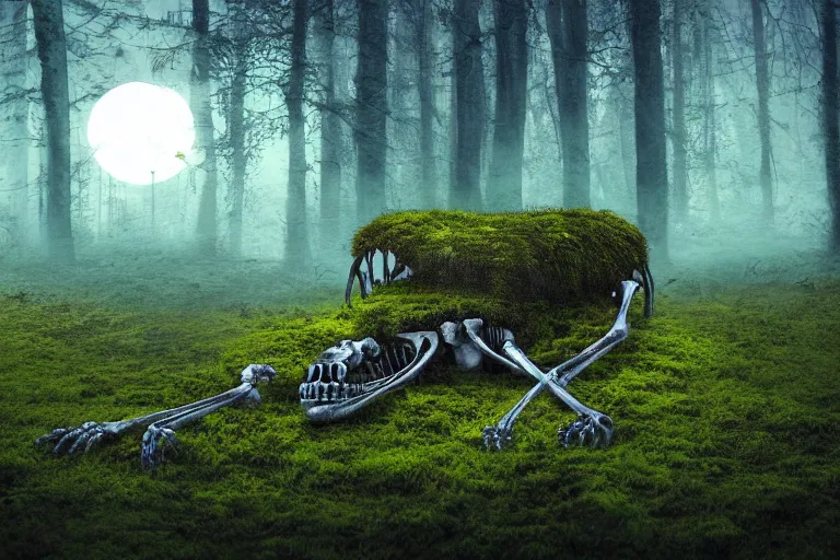 Image similar to a burning human skeleton behind computer overgrown with moss, in foggy forest, at night with moon light, dark atmosphere, fantasy, digital art