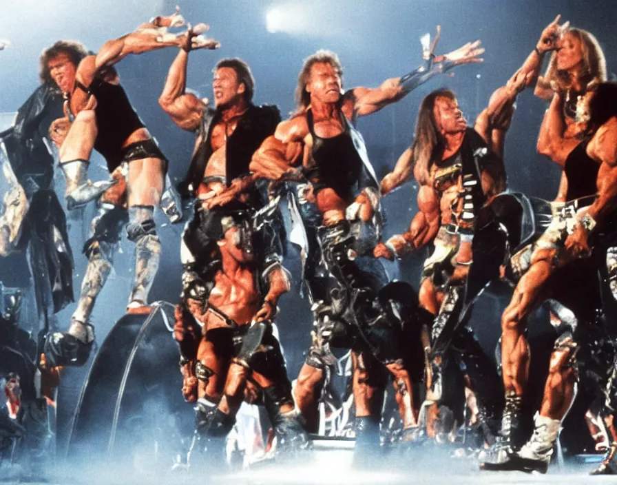 Image similar to colour photo off arnold schwarzenegger, sylvester stallone, dolph lundgren, Chuck Norris and Jean-Claude Van Damme in a heavy metal band, playing guitars, drums, on stage at monsters of rock 1992, pyrotechnics, smoke, vivid colors, daylight, photo real, 28mm, press photograph, wide view, Eastman EXR 50D 5245/7245