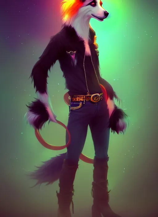 Image similar to wide angle beautiful full body portrait of a cute male anthropomorphic anthro border collie fursona wearing cowboy outfit in a neon metropolis, character design by charlie bowater, henry asencio, and ross tran, furry art, furaffinity, beautiful, glamor pose, detailed, aesthetic, trending on artstation