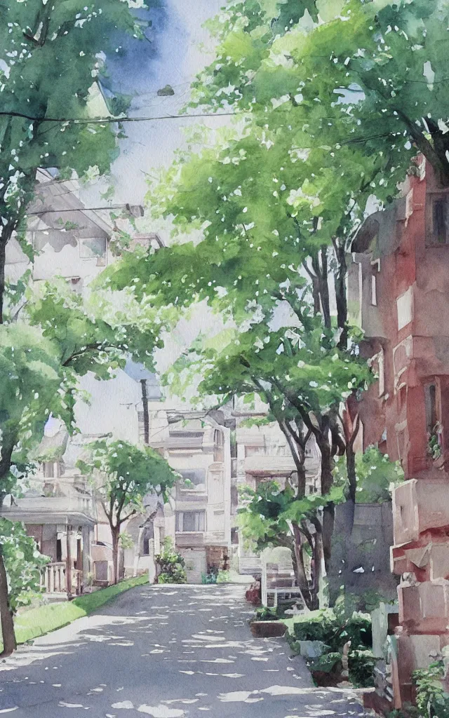 Prompt: street lined with old residential houses summer watercolor by arti chauhan trending on artstation