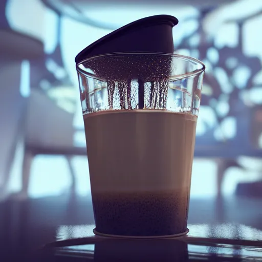 Prompt: : sloppy old cup of coffee with fluid flyingout the cup ,hyper detailed art station  parabolic lighting unrealengine ,cinematic, hyper realism, high detail, octane render, 8k