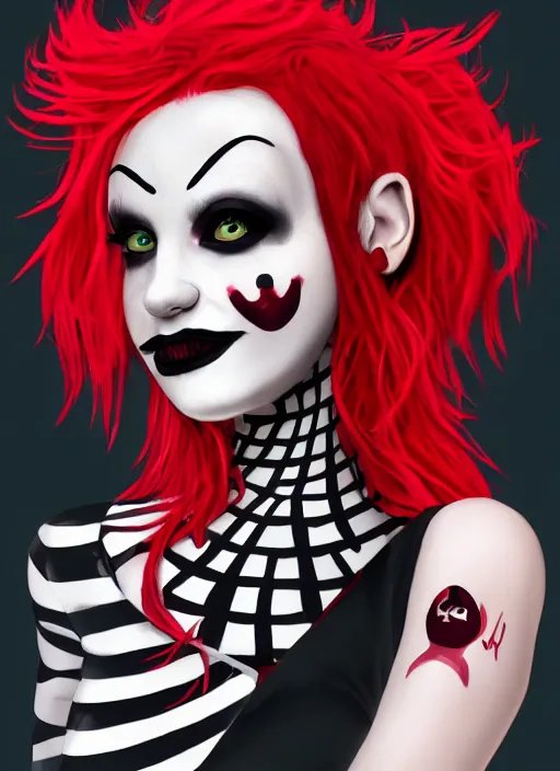 Prompt: A high quality illustration of a goth-clown hybrid with red hair, trending on artstation, hd, behance contest winner, cute