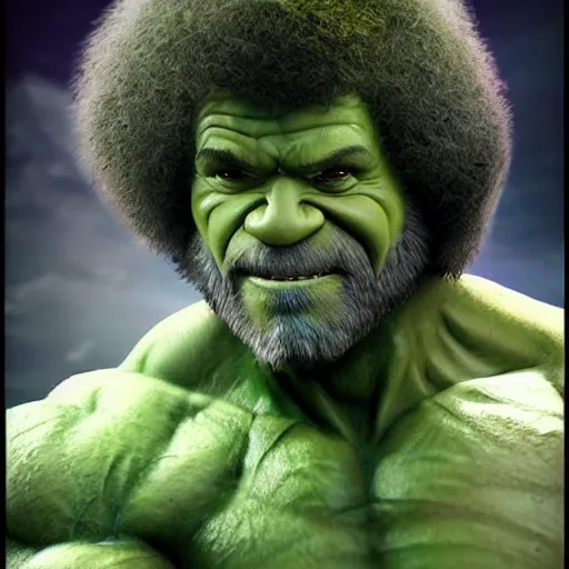 Image similar to photomanipulation of BOB ROSS as hulk with human flesh, marvel, fully detailed, volumetric lightening, octane render