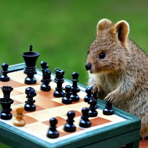 Prompt: a quokka playing chess, looking into the camera, in the style of fanny brate