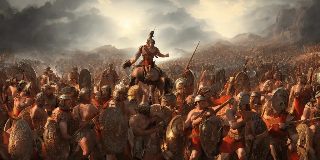 Image similar to Caesar leading roman legions over hills into battle, stunning lighting, beautiful scenery, digital painting, 4k