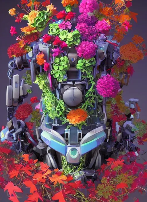 Image similar to colourful - 3 d vfx art - portrait of a mecha robot wearing a baseball cap with vines & flowers growing from inside, art style by tenmyouya hisashi, concept art, unreal engine render, digital illustration, claymation, sharp, intricate detail, volumetric light, ray tracing, soft light, symmetric, pinterest, artstation, behance,