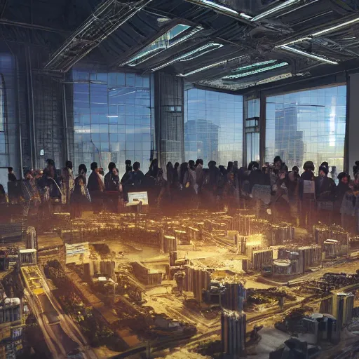 Prompt: large group people in a warehouse, surrounding hologram of futuristic city on a table, cinematic concept art, godrays, golden hour, natural sunlight, 4 k, clear details, tabletop model buildings, tabletop model, hologram center