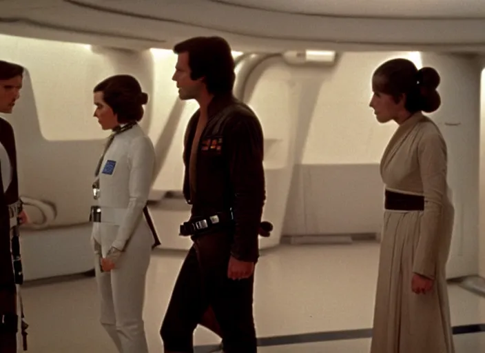 Prompt: screenshot of Han Solo standing next to Princess Leia Organa kiss, alone, pensive, iconic scene from 1970s Star Wars film directed by Stanley Kubrick, in a sci fi nursing home architecture, last jedi, 4k HD, cinematic still frame, photoreal, beautiful portraits, moody lighting, stunning cinematography, anamorphic lenses, kodak color film stock