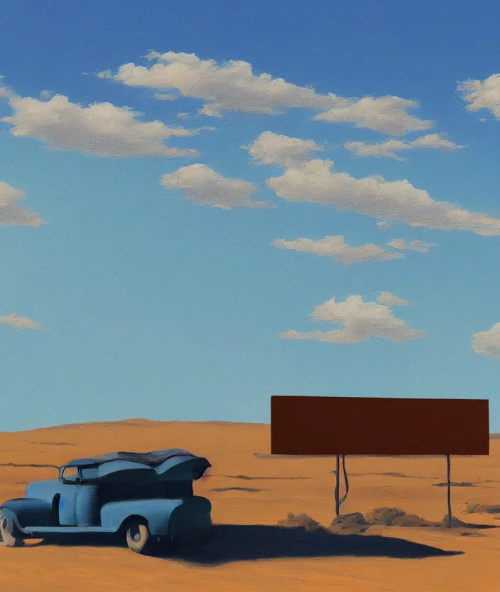 Image similar to a very detailed painting of a billboard in the empty desert, baby blue sky with very aesthetic stylized clouds, in the style of edward hopper, very small brushstrokes, 4 k,