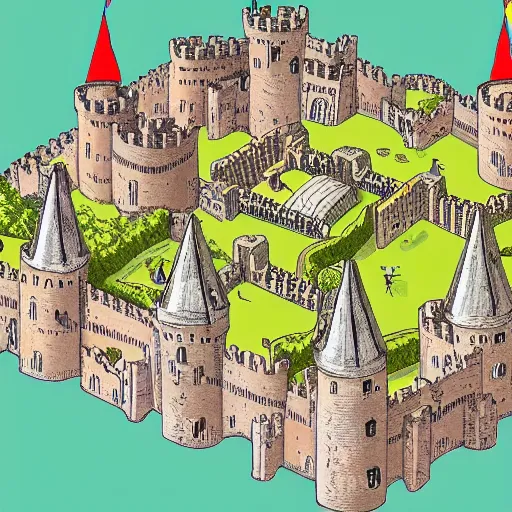 Prompt: an isometric view of medieval castle in the middle of england, illustration, art, hyper detailed