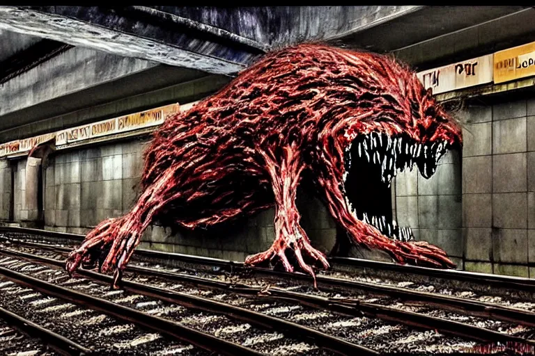 Image similar to very large giant mutant zombie irradiated ( angry rat ) staying on railways in tonnel of moscow subway. tonnel, railways, giant angry rat, furr, fangs, very realistic. extreme long shot, rusty colors, anish kapoor, ( herman nitsch, giger ).