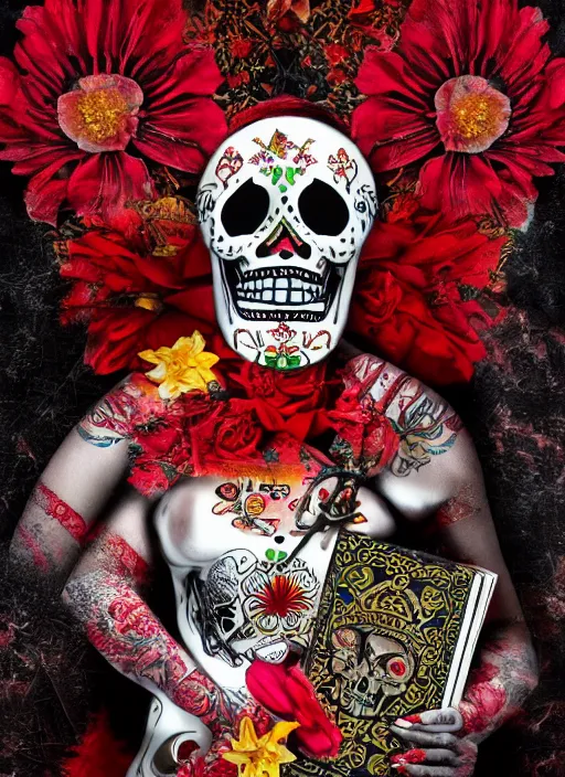 Image similar to mexican masterpiece of a skull faced Santa muerte with a book in her hand and surrounded by red flowers and ak45 as offers,+ no crop, visionary art, extremely high detail, realistic, octane render, post processed,