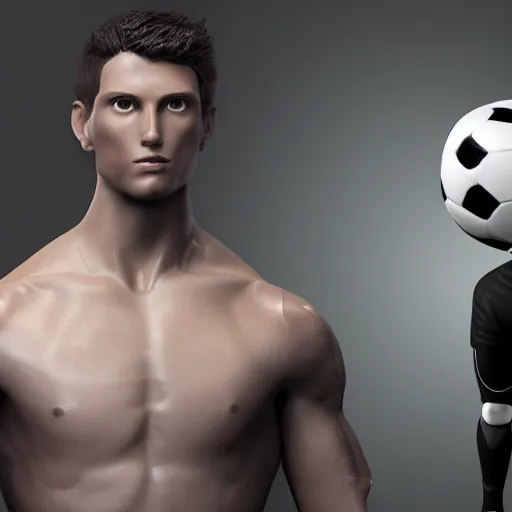 Image similar to a realistic detailed photo of a guy who is an attractive humanoid who is half robot and half humanoid, who is a male android, attractive and handsome soccer players, shiny skin, posing like a statue, blank stare, in a factory, on display, showing off his muscles, wearing soccer shorts, side view, looking at each other mindlessly