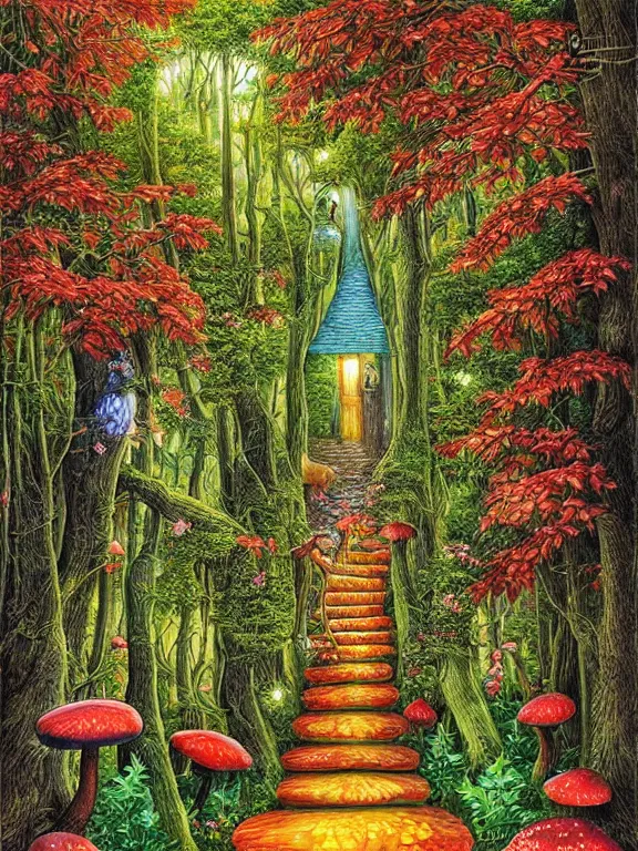 Prompt: digital painting detailed forest tree with door and stairs, magical forest flowers mushrooms painted by Michael Cheval