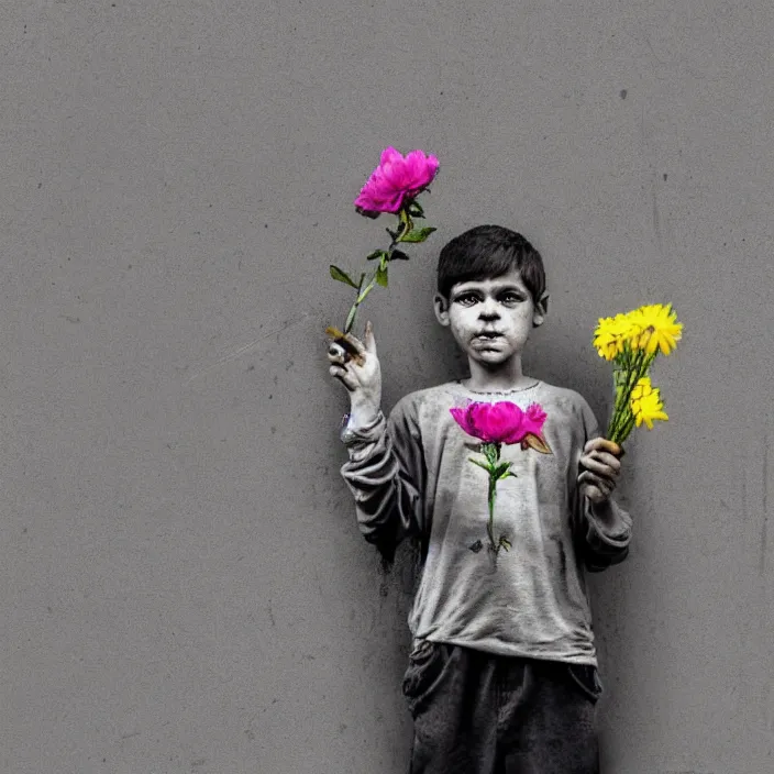 Prompt: a boy holding flowers in the style of Banksy, graffiti, digital art